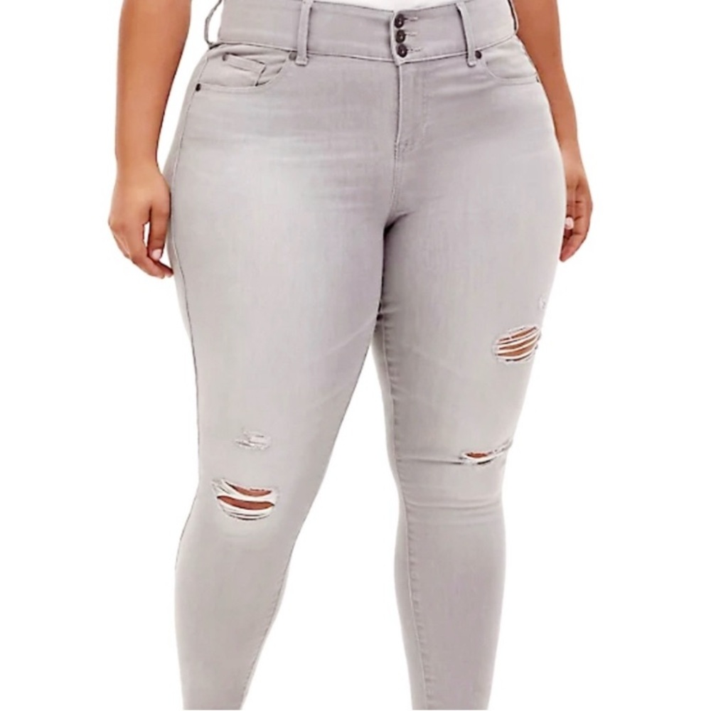Torrid Gray Skinny Stretch Jeans with Distressed Details